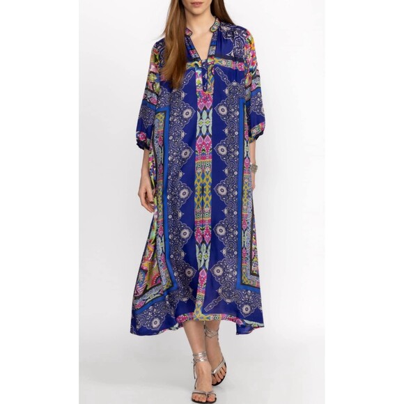 Johnny Was Medium Demarne Xyla Abstract 100% Silk Dress Pockets Colorful Boho - Picture 2 of 14